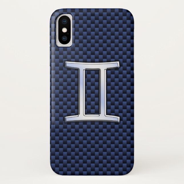 Gemini Zodiac Sign on Navy Blue Carbon Fibre Print Case-Mate iPhone Case (Back)