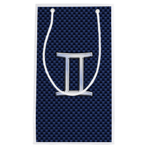 Gemini Zodiac Sign on Navy Blue Carbon Fibre Print Small Gift Bag