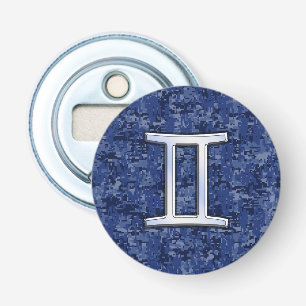 Gemini Zodiac Sign on Navy Blue Digital Camo Bottle Opener