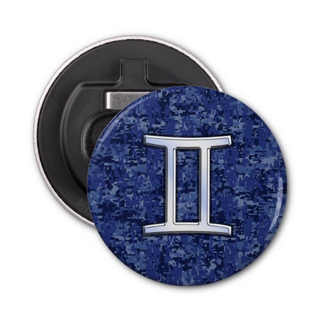 Gemini Zodiac Sign on Navy Blue Digital Camo Bottle Opener (Front)