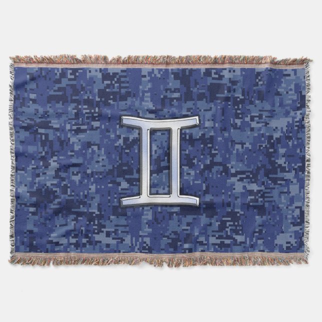 Gemini Zodiac Sign on Navy Blue Digital Camo Throw Blanket (Front)