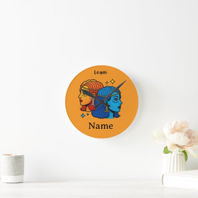 Gemini Zodiac Sign Pop Art - Retro Celestial Twins Round Clock (Home)