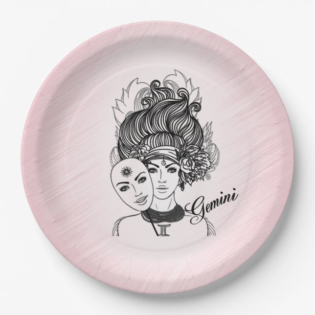 Gemini Zodiac Symbol and Sign Pink Paper Plate (Front)