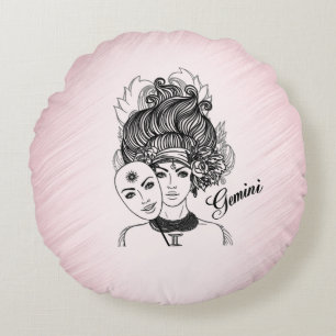 Gemini Zodiac Symbol and Sign Pink Solid Pink Back Round Cushion