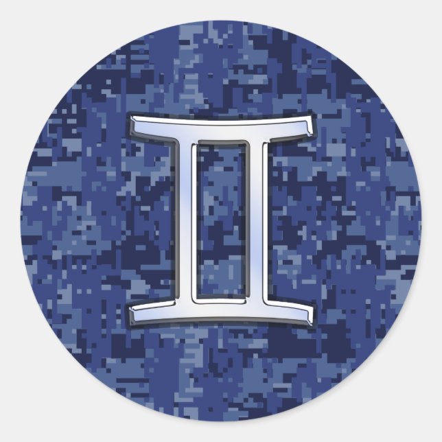 Gemini Zodiac Symbol Blue Digital Camouflage Classic Round Sticker (Front)
