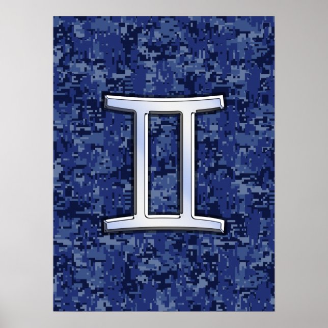 Gemini Zodiac Symbol Blue Digital Camouflage Poster (Front)