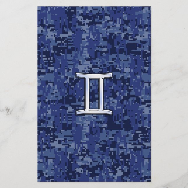 Gemini Zodiac Symbol Blue Digital Camouflage Stationery (Front)