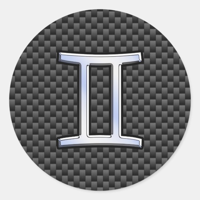 Gemini Zodiac Symbol Charcoal Carbon Fibre Style Classic Round Sticker (Front)