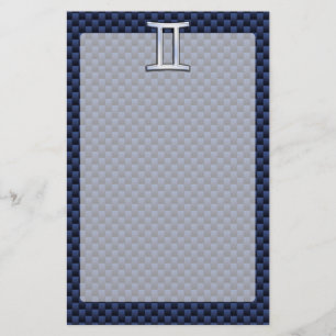 Gemini Zodiac Symbol Navy Blue Carbon Fibre Print Stationery