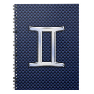 Gemini Zodiac Symbol Navy Blue Carbon Fibre Style Spiral Notebook