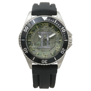 Gemini Zodiac Symbol on Green Camouflage Dial Watch