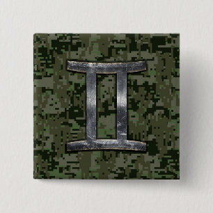 Gemini Zodiac Symbol on Green Digital Camouflage 15 Cm Square Badge