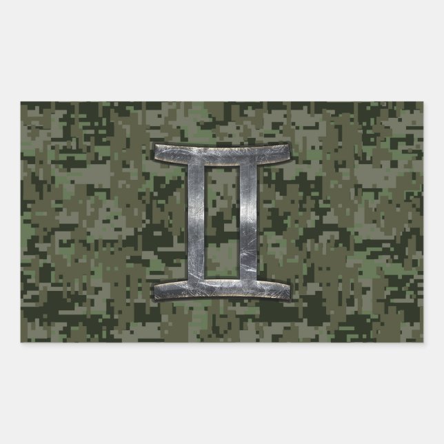 Gemini Zodiac Symbol on Green Digital Camouflage Rectangular Sticker (Front)
