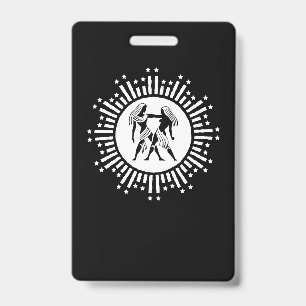 Gemini Zodiac Symbol with Stars Black and White  ID Badge