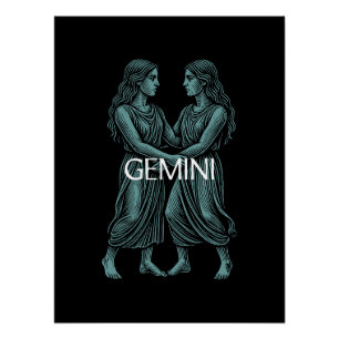 Gemini Zodiac – Vintage Twins in Teal on Black Poster