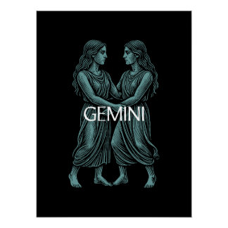 Gemini Zodiac – Vintage Twins in Teal on Black Poster