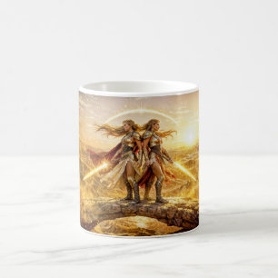Gemini Zodiac with Twin Warrior Women and Glowing Coffee Mug