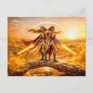 Gemini Zodiac with Twin Warrior Women and Glowing  Postcard