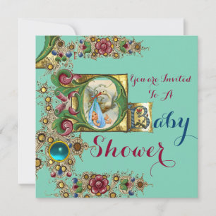 GEMS AND BLUE GOLD FLORAL STORK BOY BABY SHOWER INVITATION