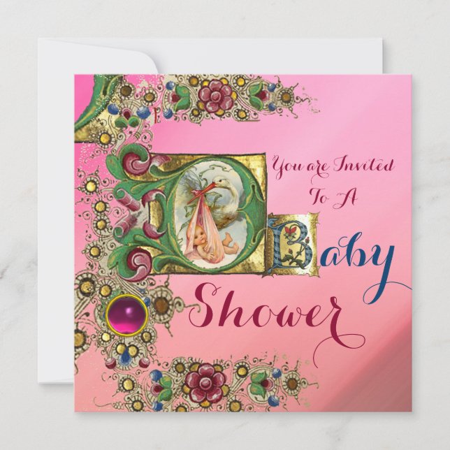 GEMS AND PINK GOLD FLORAL STORK GIRL BABY SHOWER INVITATION (Front)