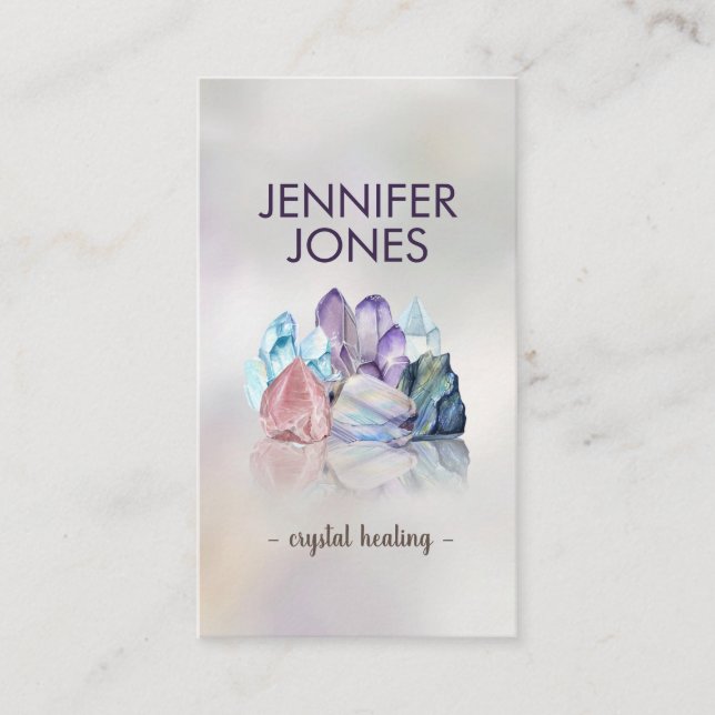 Gemstone Crystals Cluster on mother of pearl  Business Card (Front)
