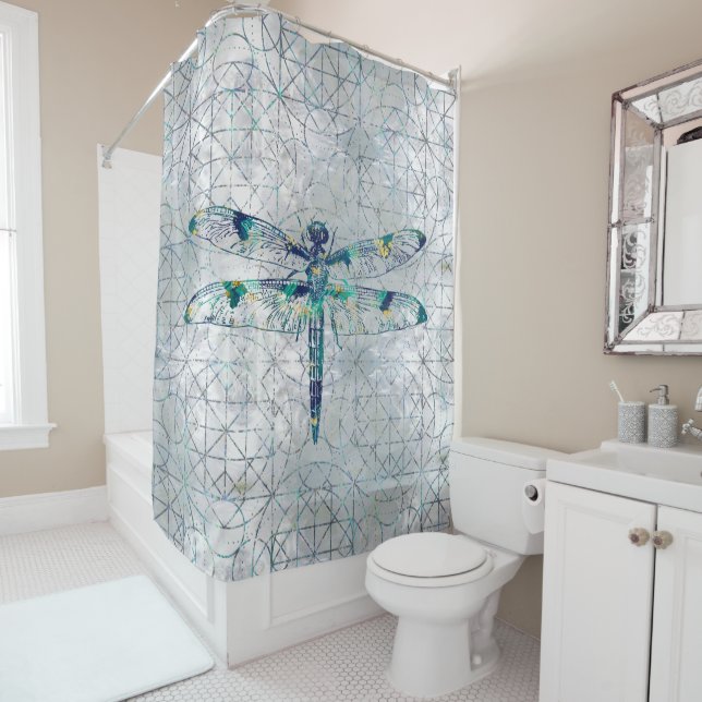 Gemstone Dragonfly on sacred geometry pattern Shower Curtain (In Situ)