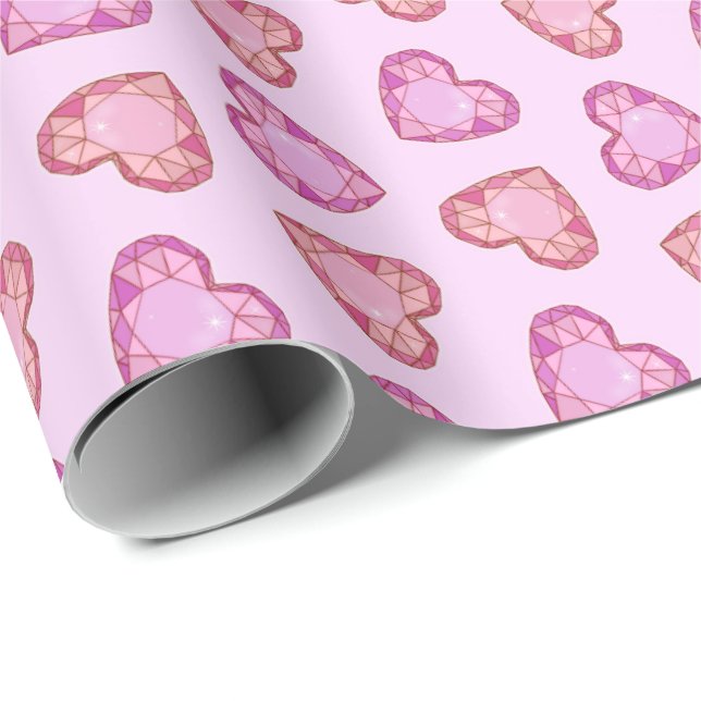 Gemstone Hearts Cute Pink Valentines Day Wrapping Paper (Roll Corner)