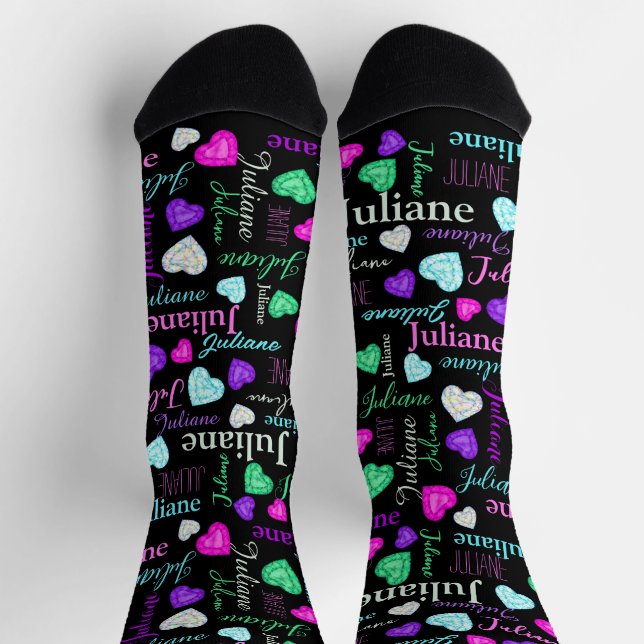 Gemstones hearts custom name colourful black socks (Top)
