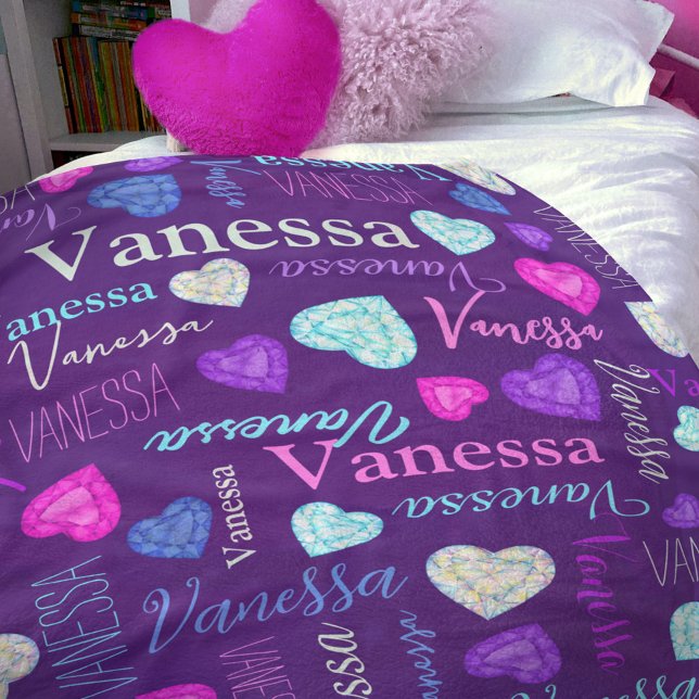 Gemstones hearts custom name colourful Vanessa Fleece Blanket (Creator Uploaded)