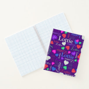 Gemstones hearts custom name lottie colourful notebook