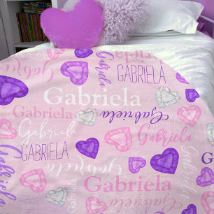 Gemstones hearts custom name pastel pink purple fleece blanket