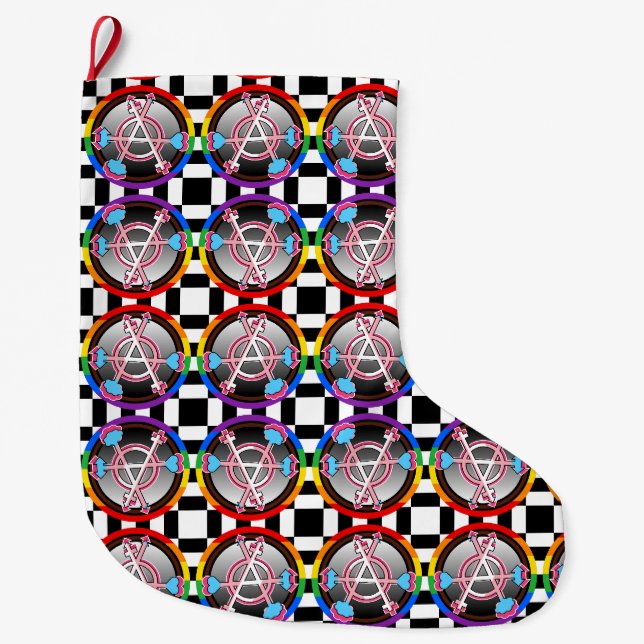 Gender Anarchy Symbol, Emblem on Chequerboard Large Christmas Stocking (Front)