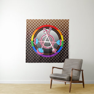 Gender Anarchy Symbol, Emblem on Dark Chequerboard Tapestry