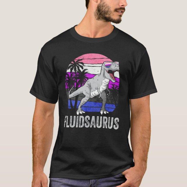Gender Fluid Pride Flag Dinosaur Trex LGBTQ Fluids T-Shirt (Front)
