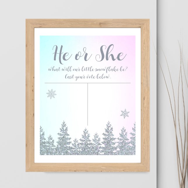 Gender Guess Vote He Or She Winter Snowflake Poster (guess gender vote he or she boy or girl guessing game poster baby shower)