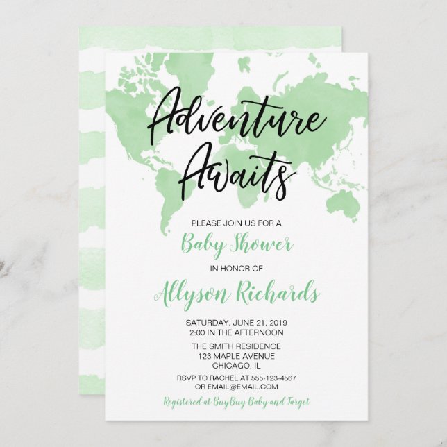 Gender neutral adventure awaits green baby shower invitation (Front/Back)