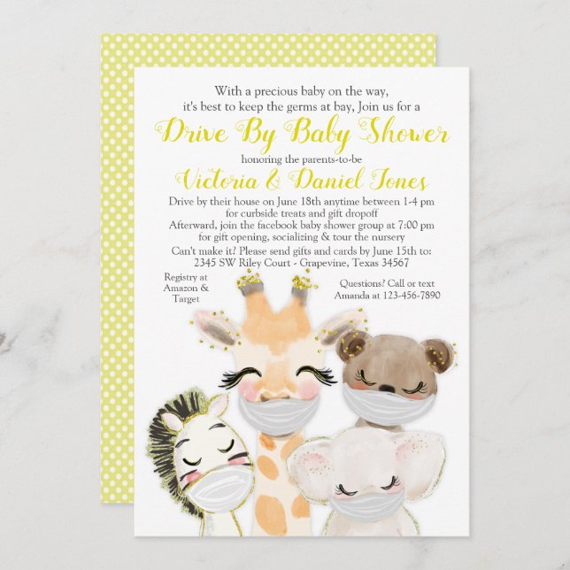 Gender Neutral Animals Masks Drive By Baby Shower Invitation (Front/Back)
