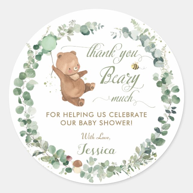 Gender Neutral Baby Bear Greenery Thank You Favour Classic Round Sticker (Front)