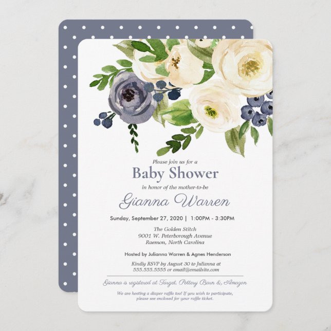 Gender Neutral Baby Shower Blue & Cream Floral Invitation (Front/Back)