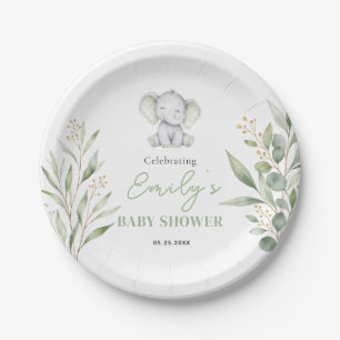Gender Neutral Baby Shower Elephant Eucalyptus Paper Plate