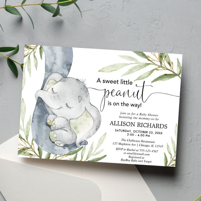Gender neutral baby shower, elephant greenery gold invitation (Creator Uploaded)