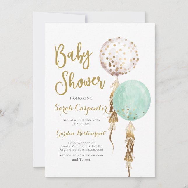 Gender Neutral Baby Shower mint and gold balloons Invitation (Front)