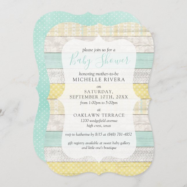 Gender Neutral Baby Shower Mint Yellow Rustic Wood Invitation (Front/Back)