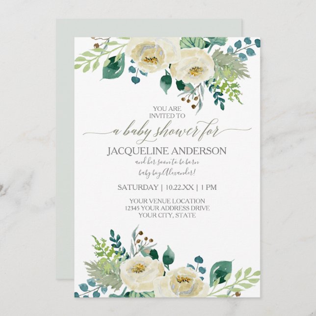 Gender Neutral Baby Shower Watercolor Greenery Invitation (Front/Back)