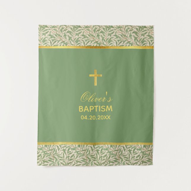 Gender Neutral Baptism Faux Gold Green Backdrop Tapestry (Front)