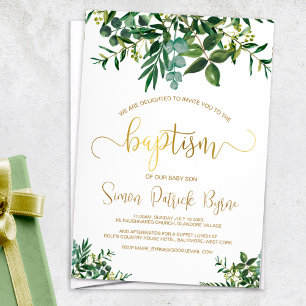 Gender Neutral Baptism Greenery & Faux Gold Script Invitation