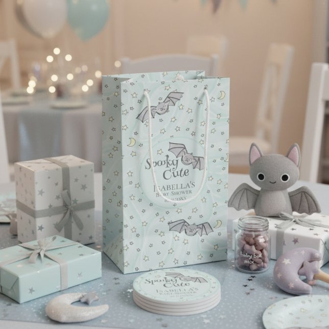 Gender Neutral Bats Spooky Cute Baby Shower Small Gift Bag (Mint Spooky Cute Bats Girl Baby Shower Gift Bags. Bats, Stars, Moons Mint Watercolor Pattern for Her)