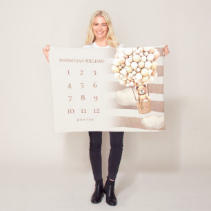 Gender Neutral Bear Balloons Milestone Baby Blanke Fleece Blanket