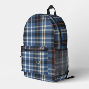 Gender Neutral Blue Plaid Check Monogram Initials Printed Backpack