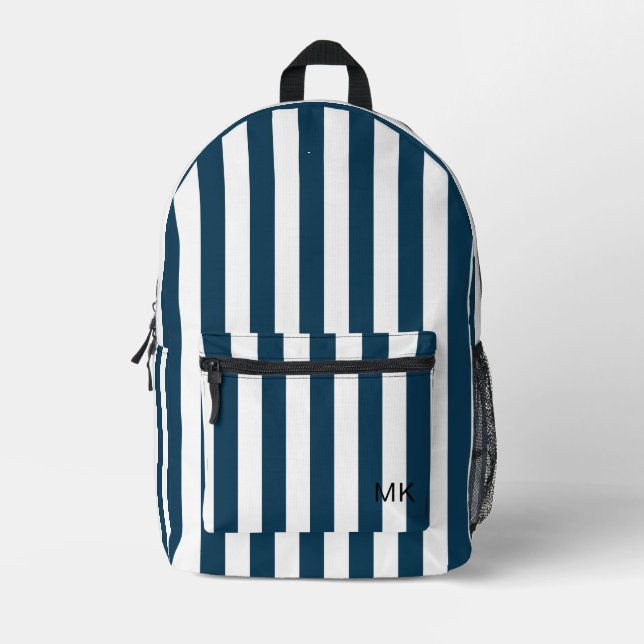 Gender Neutral Blue Striped Monogram Initials Printed Backpack (Front)